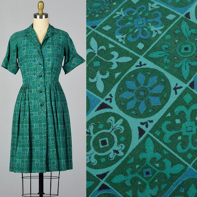 1950s Teal Print Cotton Day Dress