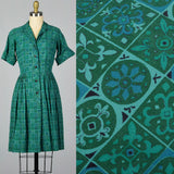 1950s Teal Print Cotton Day Dress