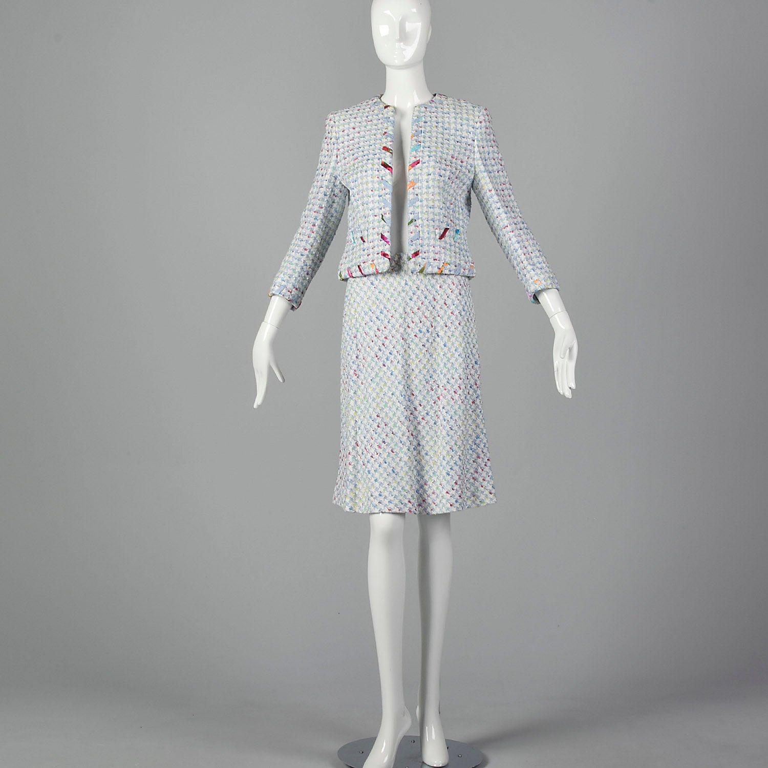 1990s Escada Pastel Plaid Skirt Suit