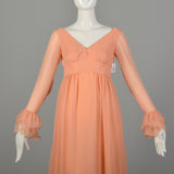 XS 1960s Lillie Rubin Sherbet Gown Maxi Evening Dress Flowy Modest Orange Pastel Long Sleeve Ruffle