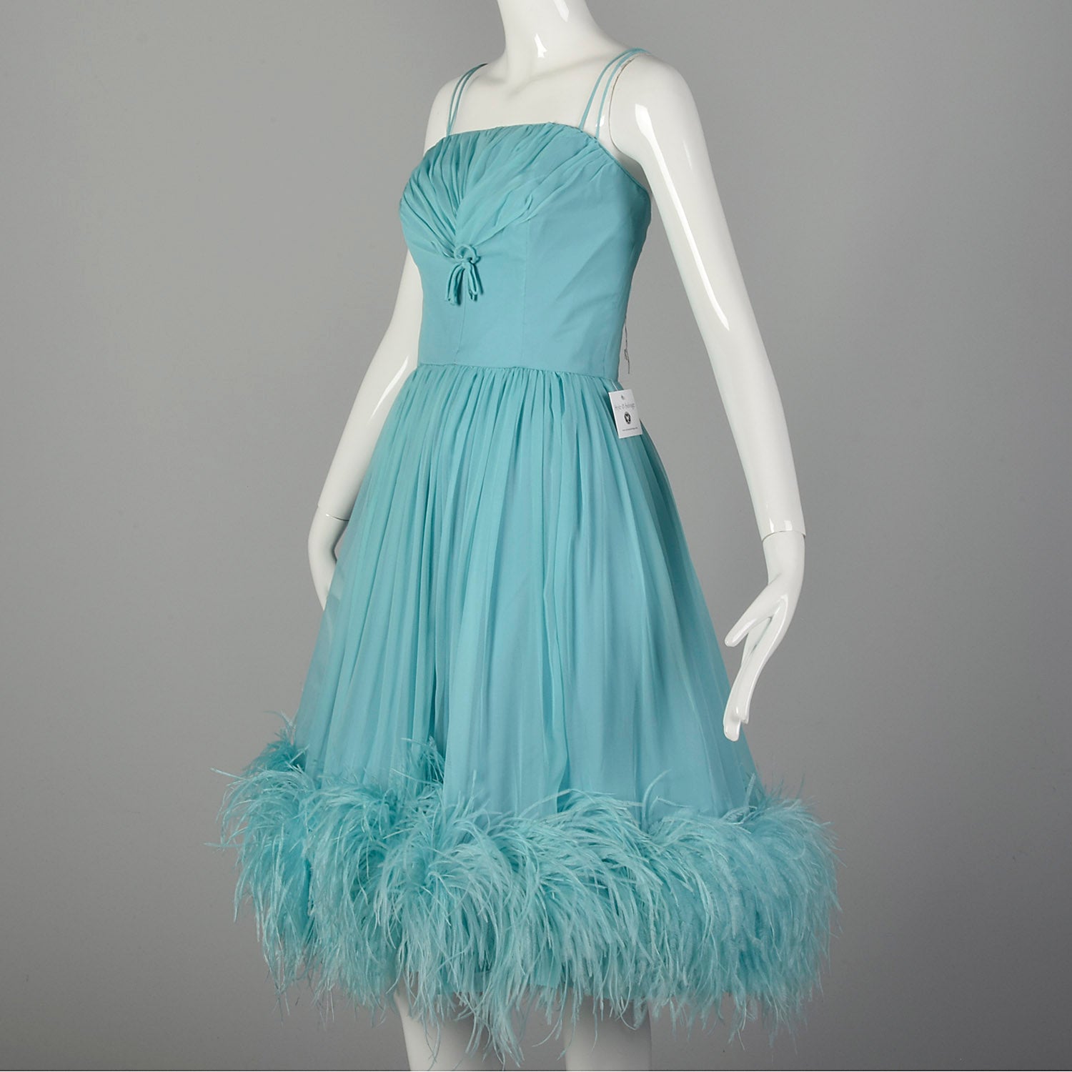 Medium 1950s Aqua Silk Dress Sleeveless Rockabilly Feather Hem