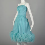Medium 1950s Aqua Silk Dress Sleeveless Rockabilly Feather Hem