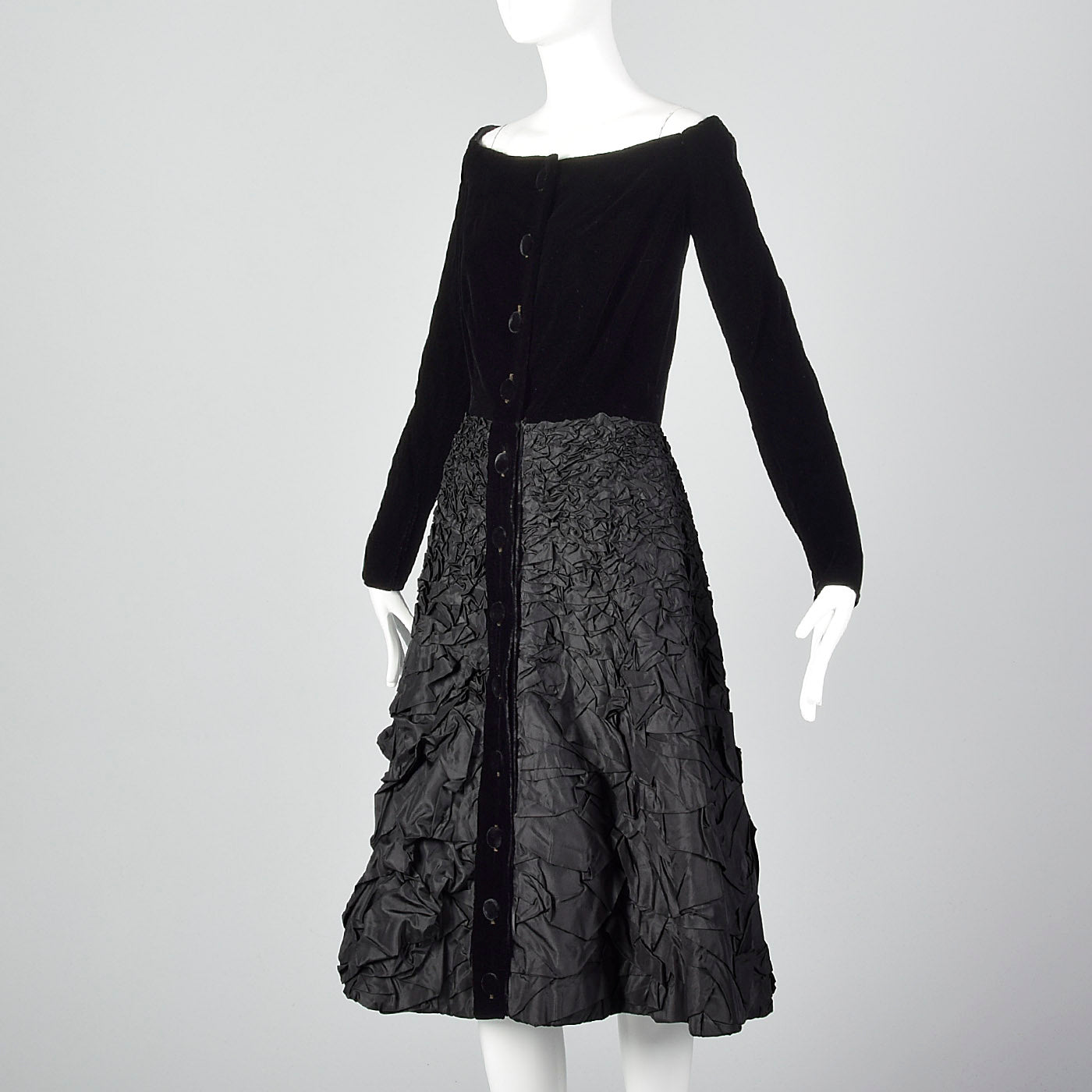 1950s Black Velvet Dress with Textured Skirt