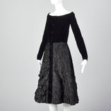 1950s Black Velvet Dress with Textured Skirt