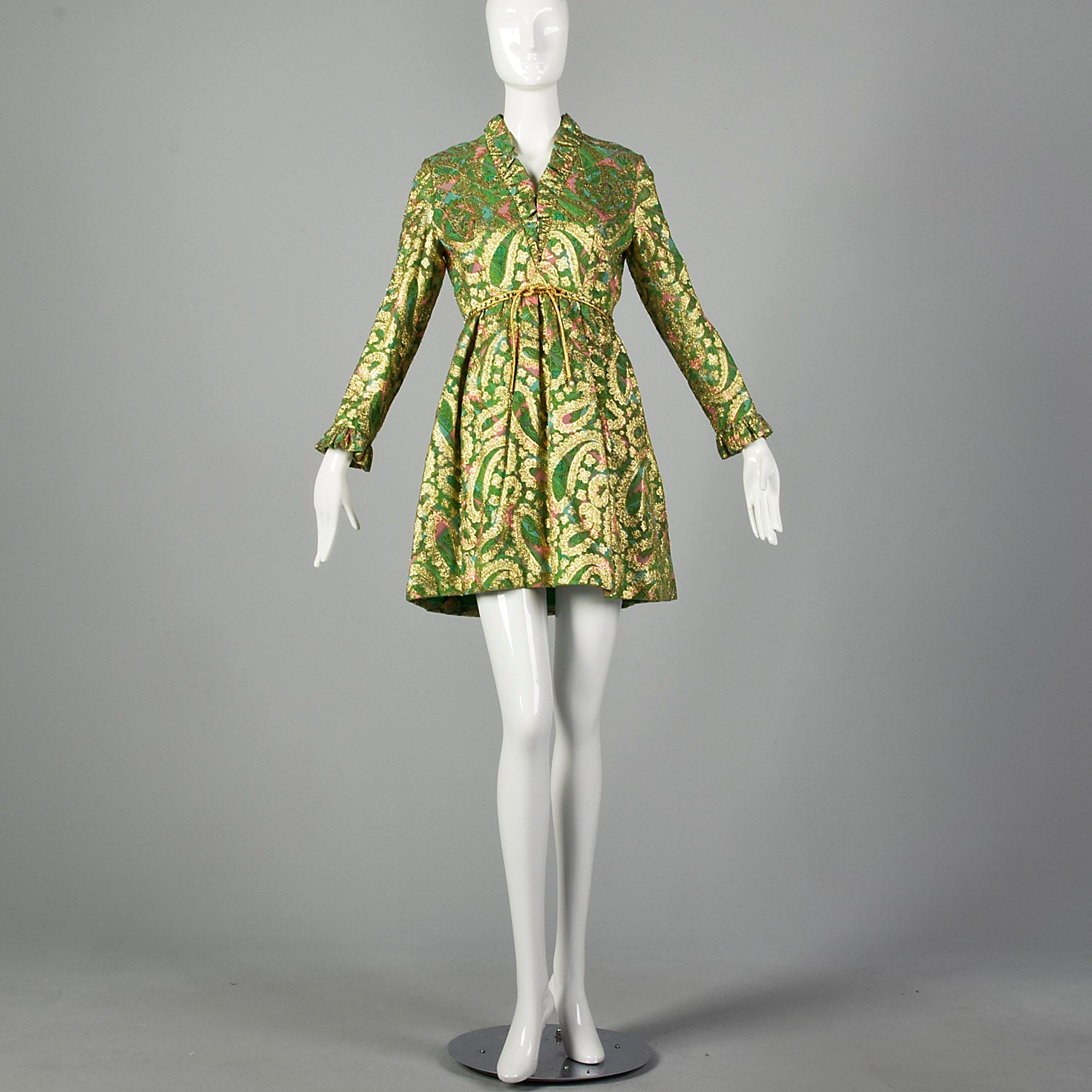 Small Mollie Parnis 1960s Green and Gold Paisley Dress