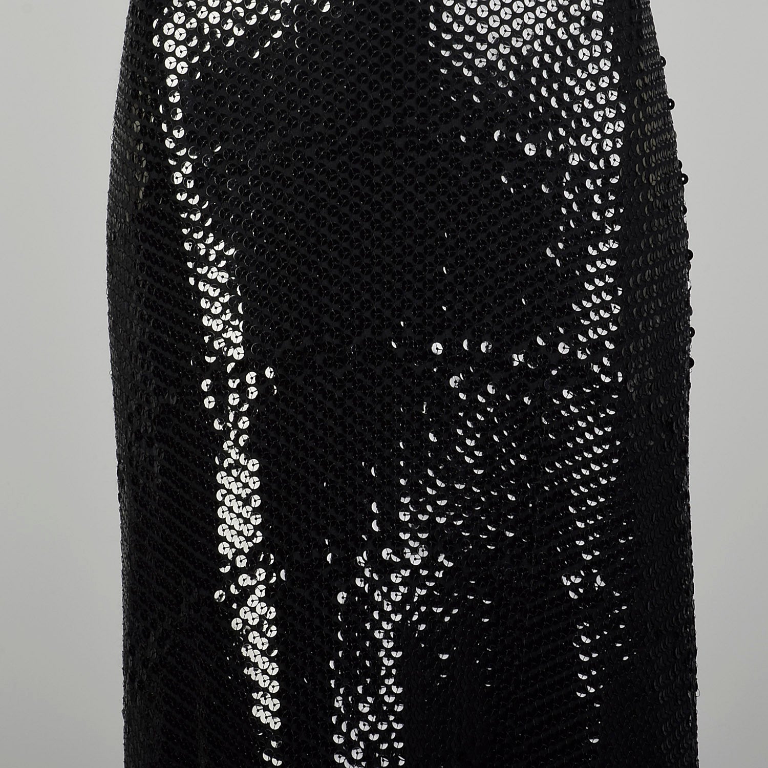 Small 1970s Kiki Hart Dress Disco Black Sequin Maxi Long Sleeve Evening Gown