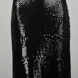 Small 1970s Kiki Hart Dress Disco Black Sequin Maxi Long Sleeve Evening Gown