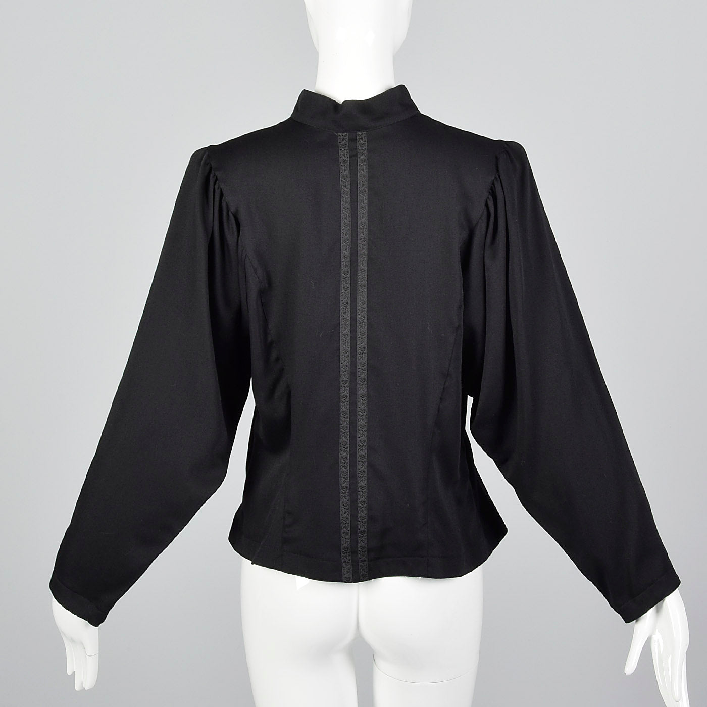 1980s Black Wool Blouse with Floral Trim