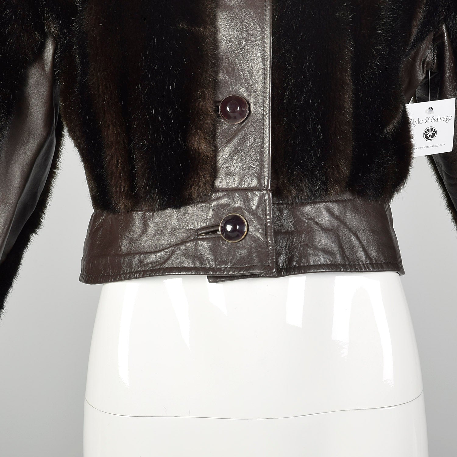 XS 1970s Convertible Brown Faux Fur Coat Leather Bolero Jacket