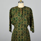 1950s Green Print Day Dress with Dolman Sleeves
