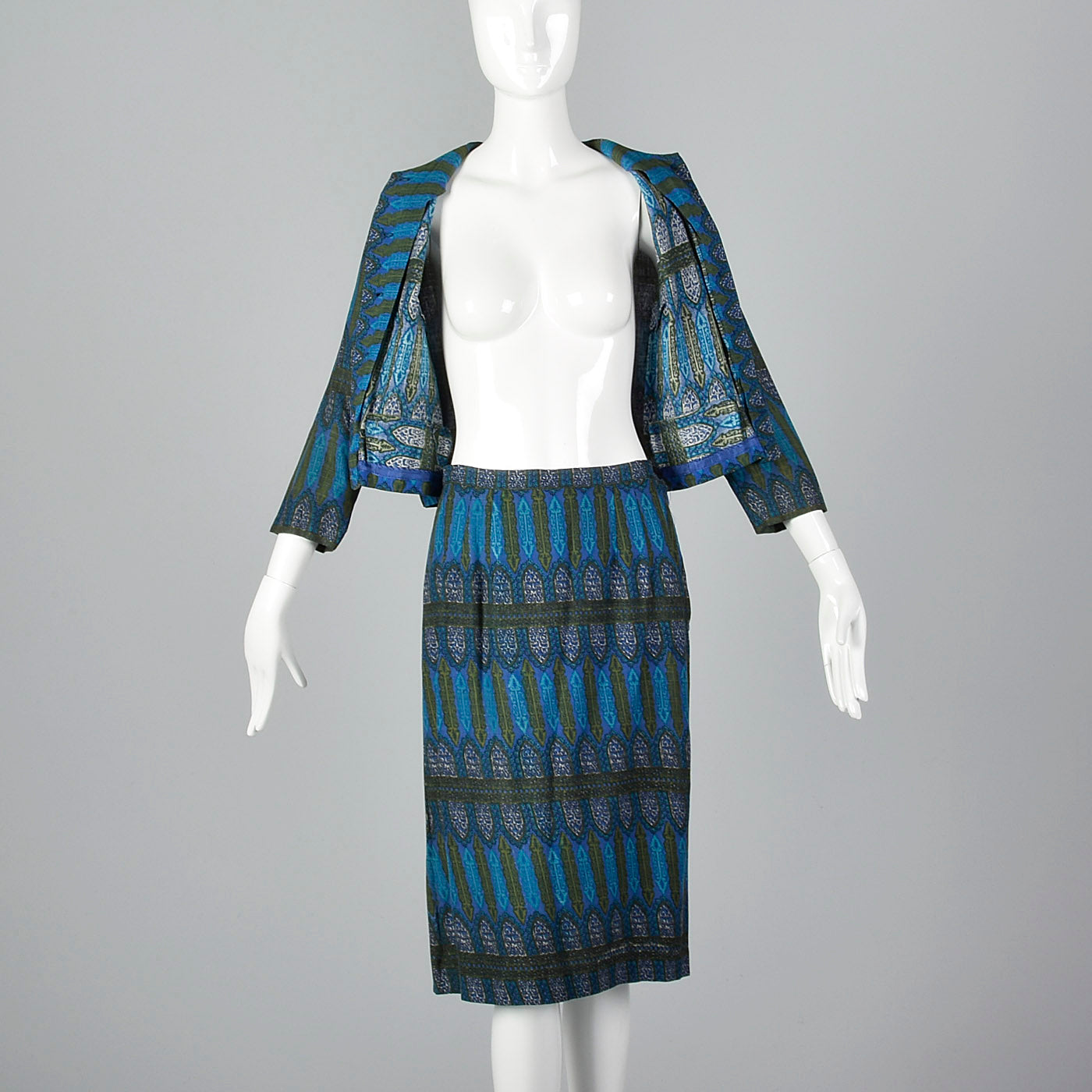 1960s Blue Printed Jacket with Matching Skirt