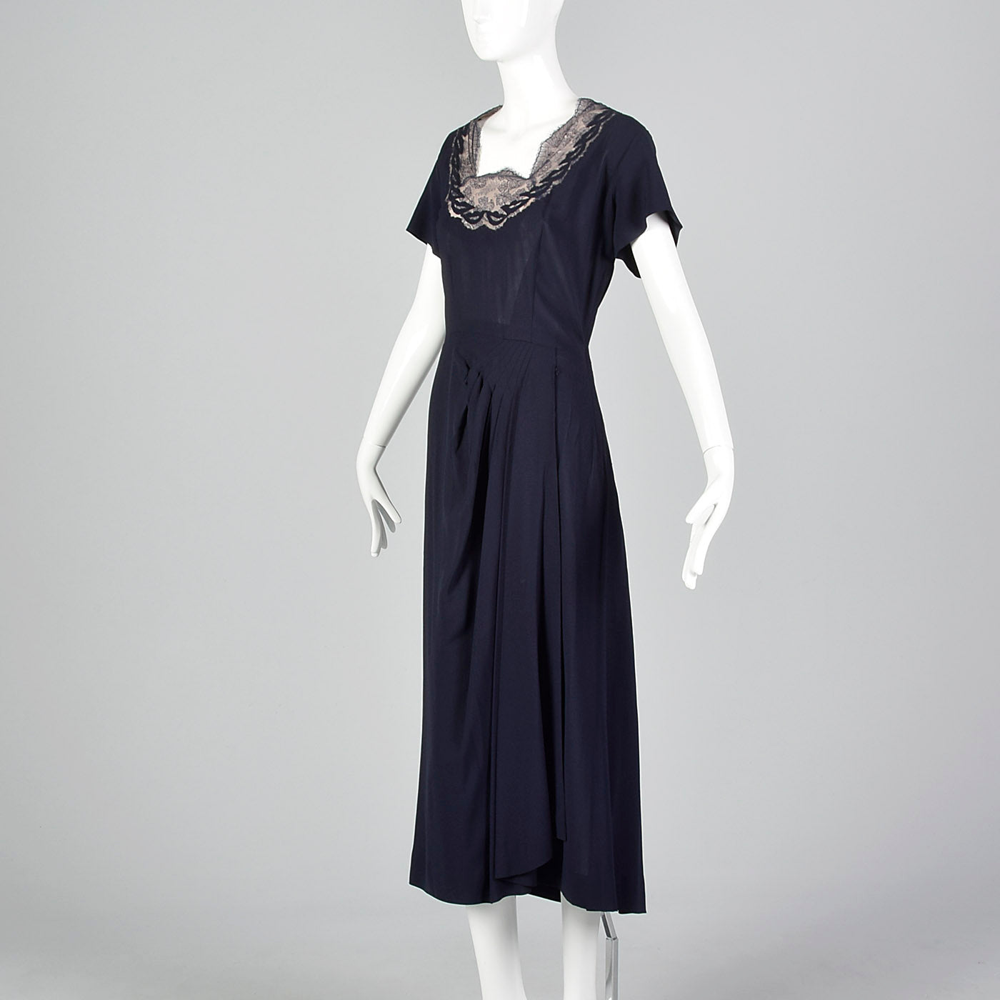 1950s Blue Rayon Dress with Lace Illusion Neckline