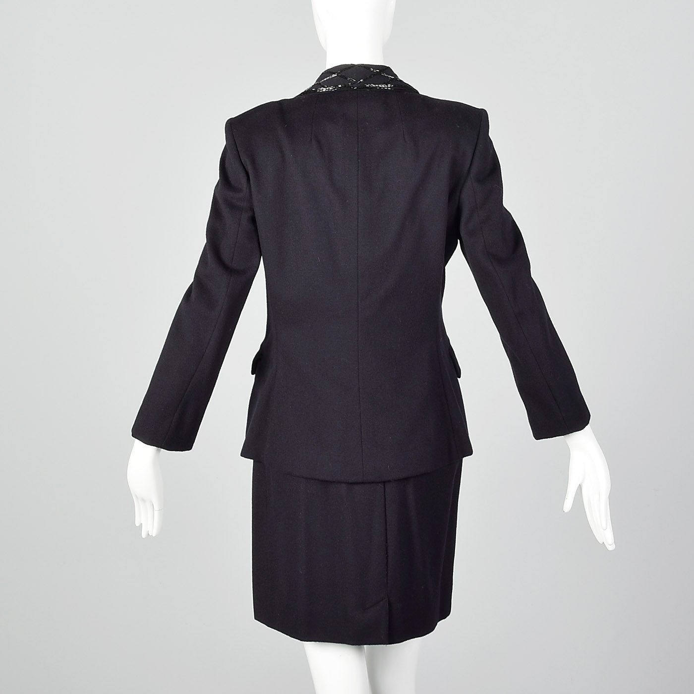 1970s Calvin Klein Dark Navy Skirt Suit with Beaded Lapels