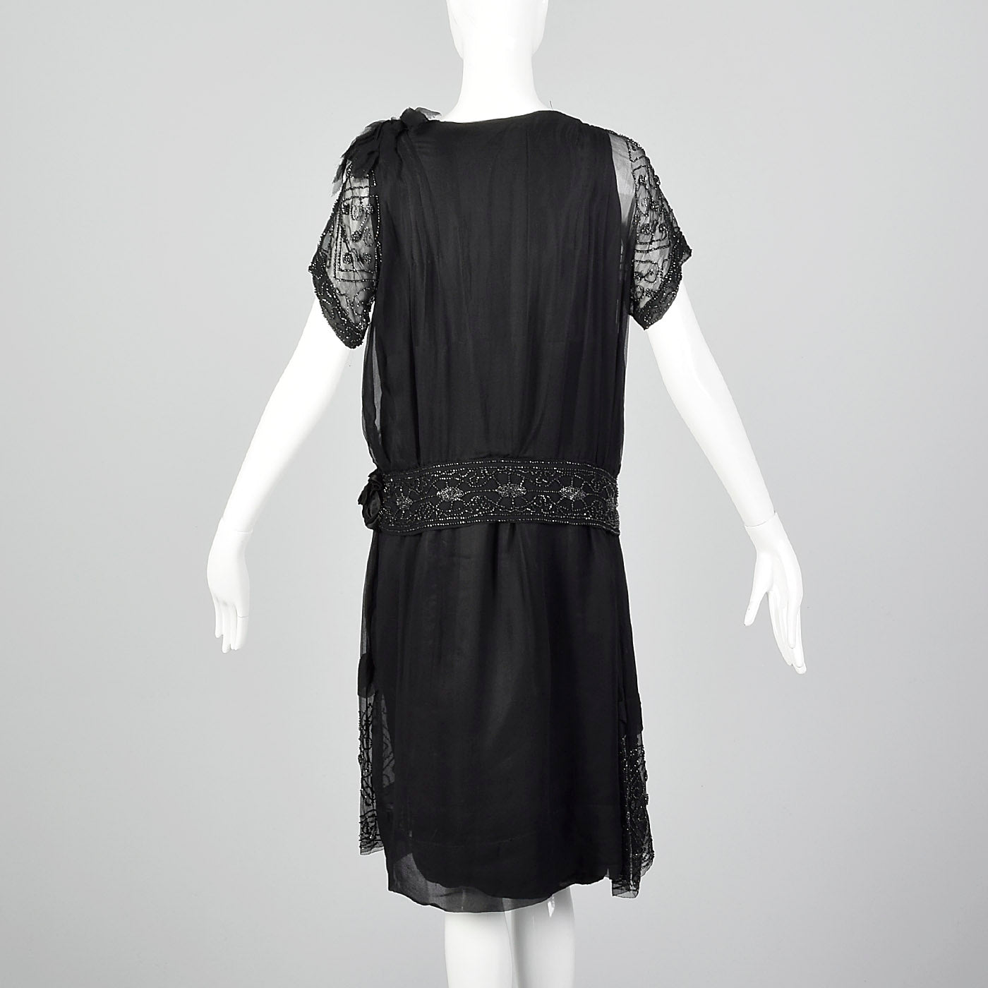 1920s Black Silk Chiffon Dress with Steel Beads