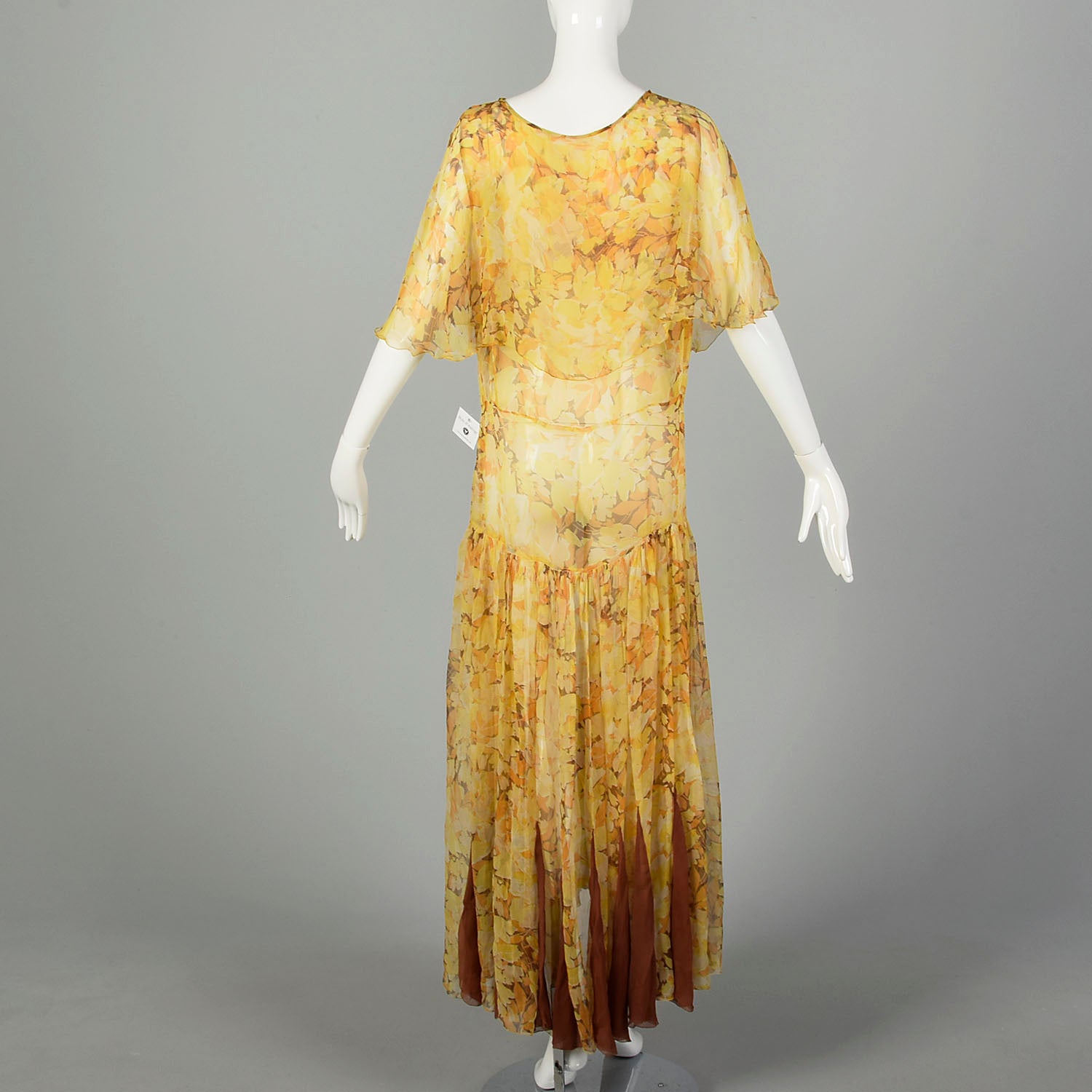 XL 1930s Sheer Silk Dress Floral Print Orange Yellow Volup Flowy Elegant Gown