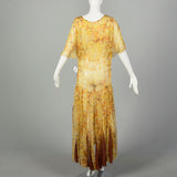 XL 1930s Sheer Silk Dress Floral Print Orange Yellow Volup Flowy Elegant Gown