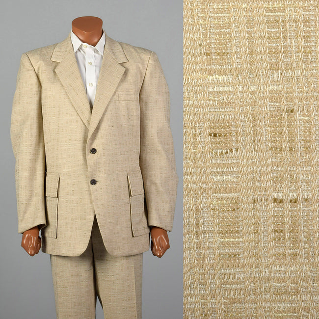 45L 1970s Mens Two Piece Suit Two Button Tan Texture Weave