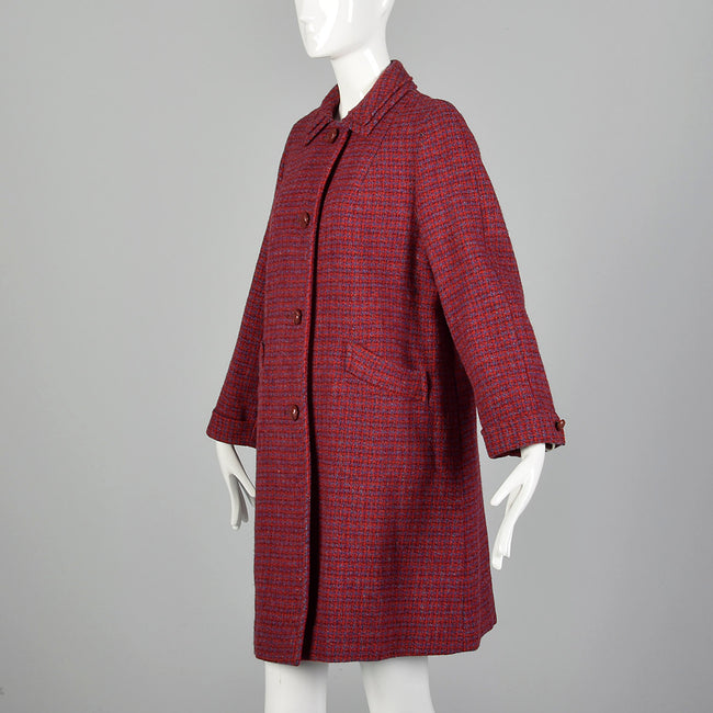 Medium 1960s Red and Blue Scottish Wool Tweed Coat