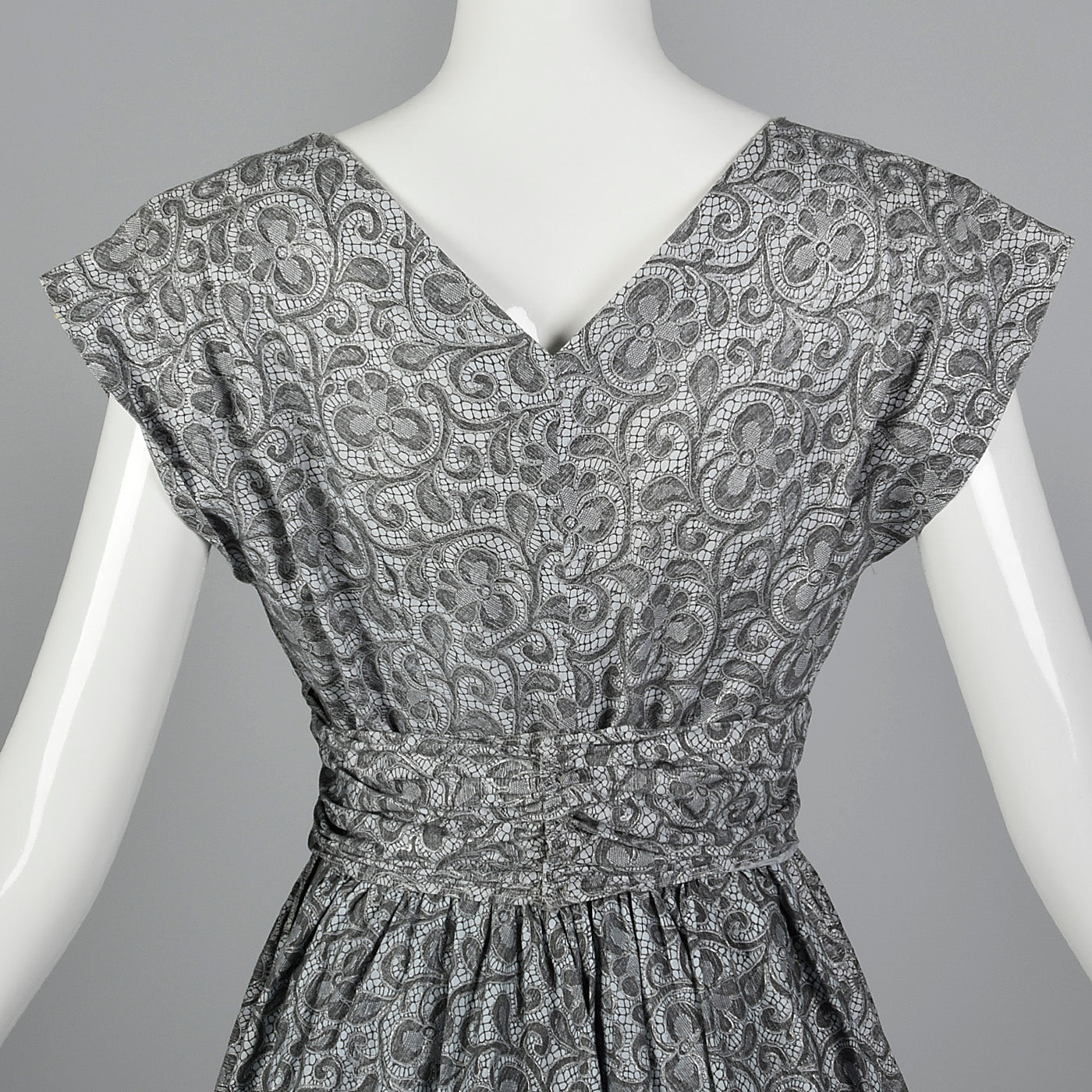 1950s Gray Cotton Lace Print Dress