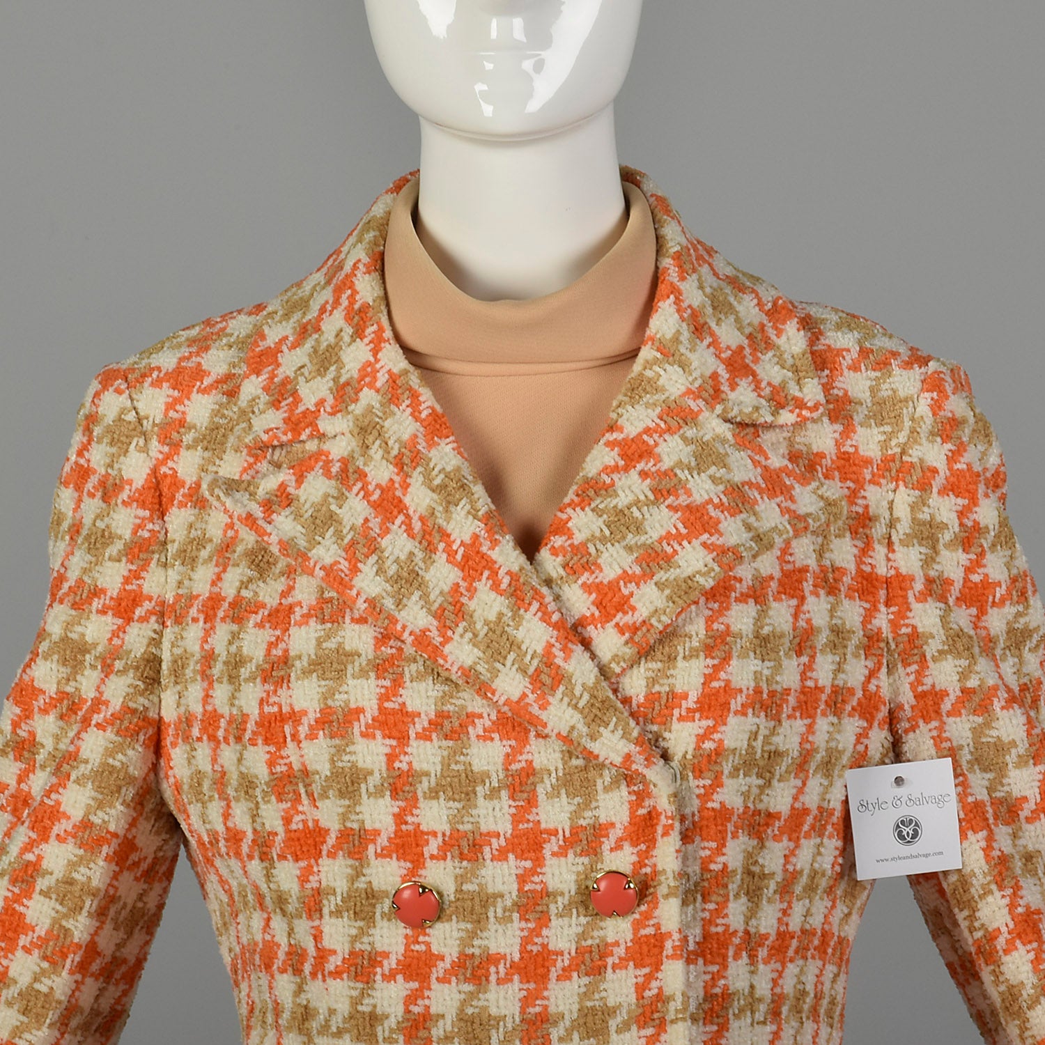 Large 1970s Blazer Set Lilli Ann Tweed Orange Tan Houndstooth Velour Tweed Jacket Mockneck Tunic Top