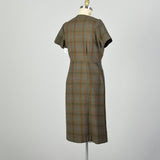 XL-XXL 1950s Wool Button-up Dress Green and Brown Plaid Button-up