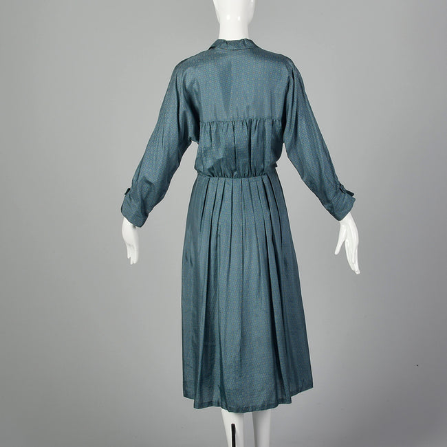 Large 1950s Print Silk Dress Jewel Tone Long Sleeve Day Dress