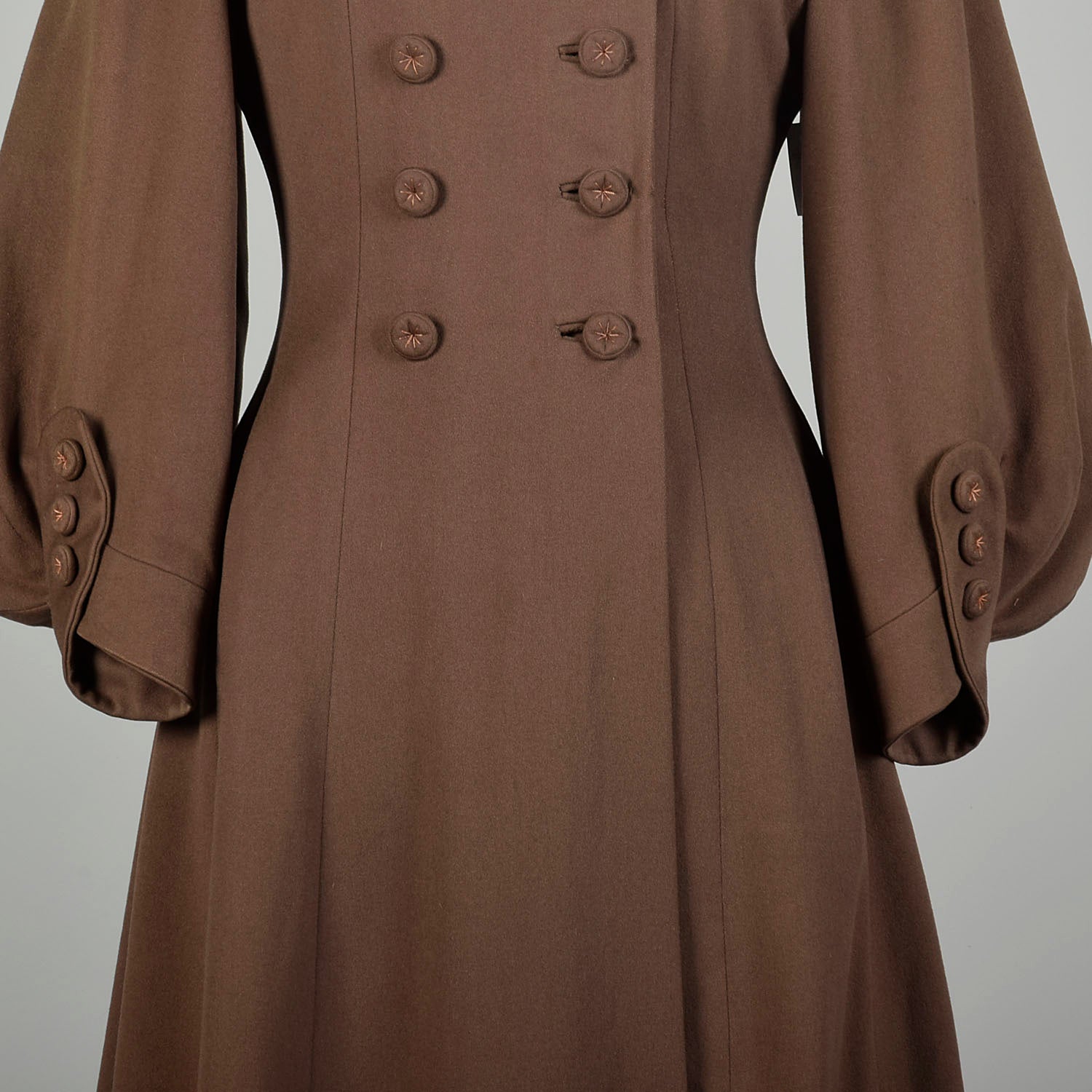 XXS 1940s Princess Coat  Light Brown Statement Sleeves Sheared Fur Collar Double Breasted