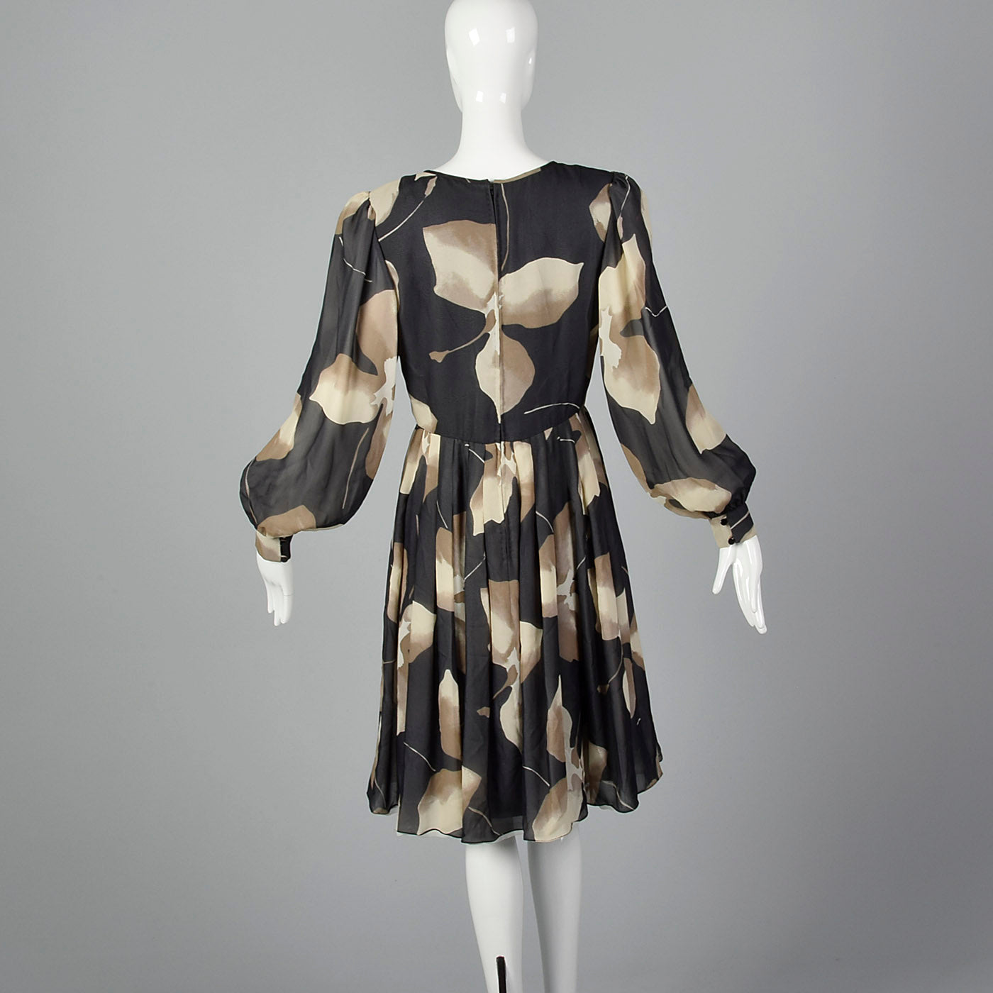 1980s Michael Novarese Tan Abstract Print Dress