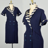 Large 1950s Asymmetric Dress Navy Striped Collar Day Dress Summer Casual