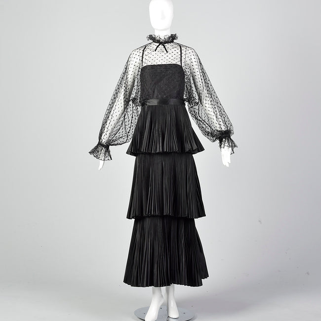 1970s Richilene Black Pleated Maxi Dress with Mesh Top