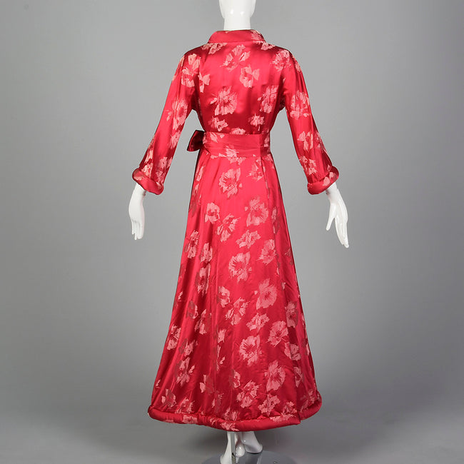 1960s Pink Silk Robe with Space Age Rolled Cuffs and Hem