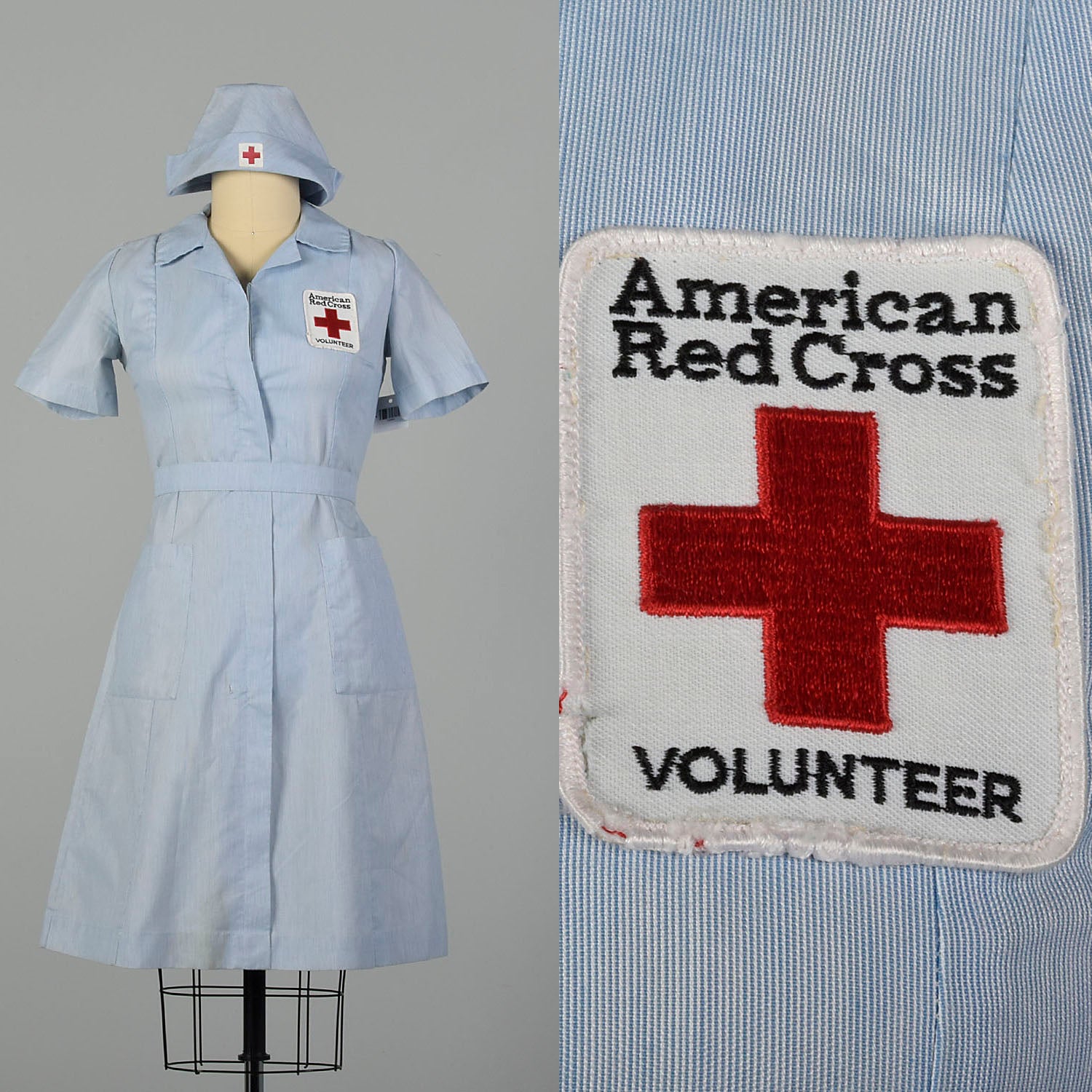 Medium 1980s Dress Red Cross Volunteer Uniform Military Short Sleeve