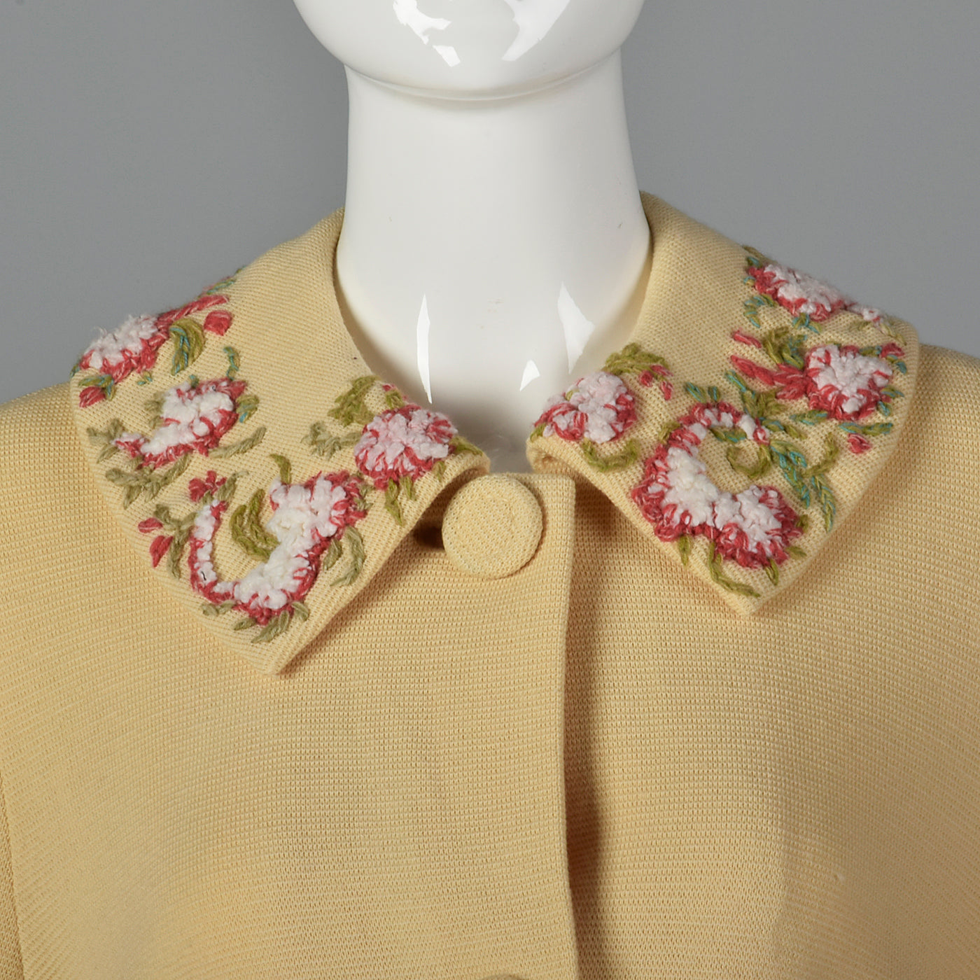 1960s Cream Knit Coat with Floral Embroidery Trim