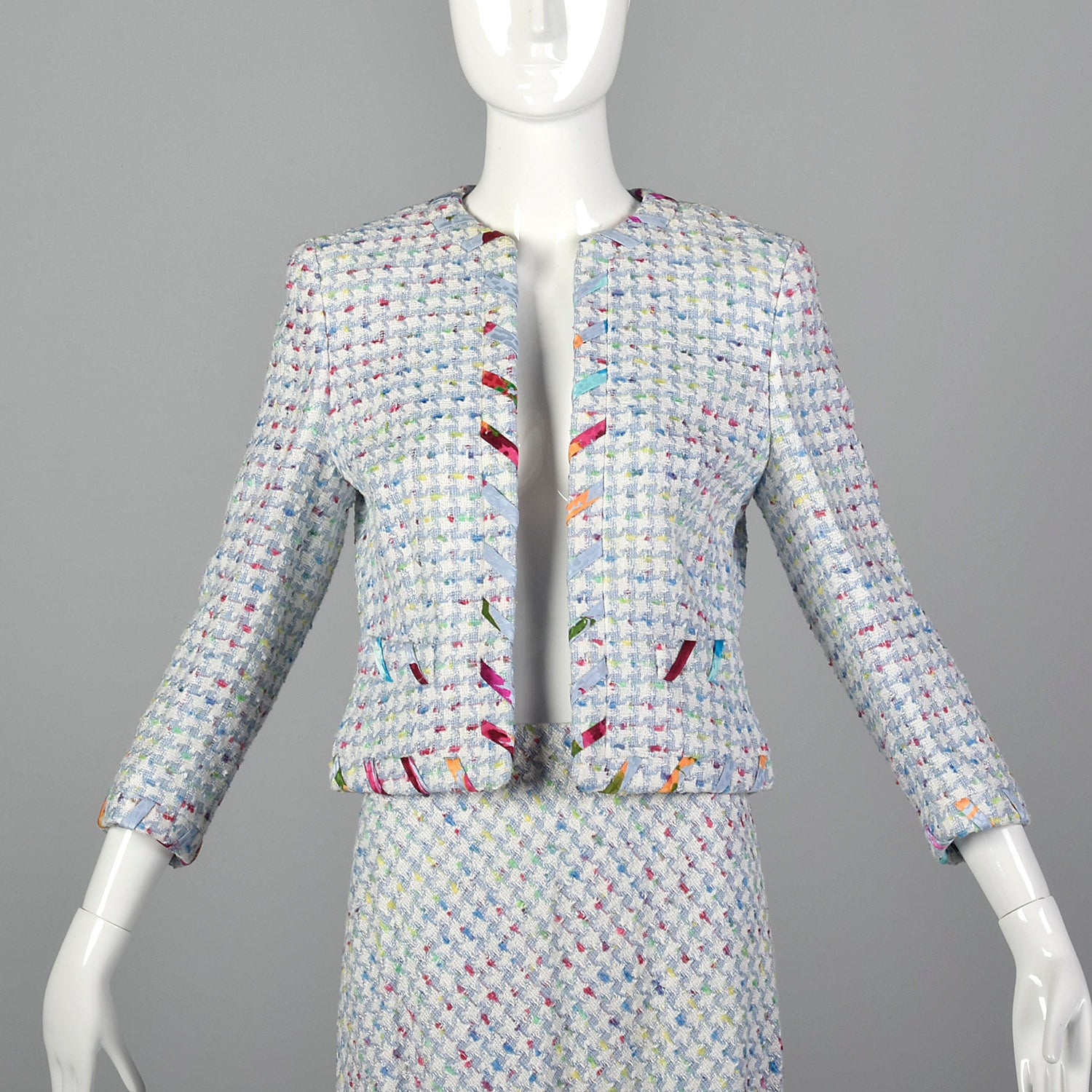 1990s Escada Pastel Plaid Skirt Suit