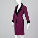 Yves Saint Laurent Rive Gauche Black & Fuchsia Striped Corduroy Skirt Suit