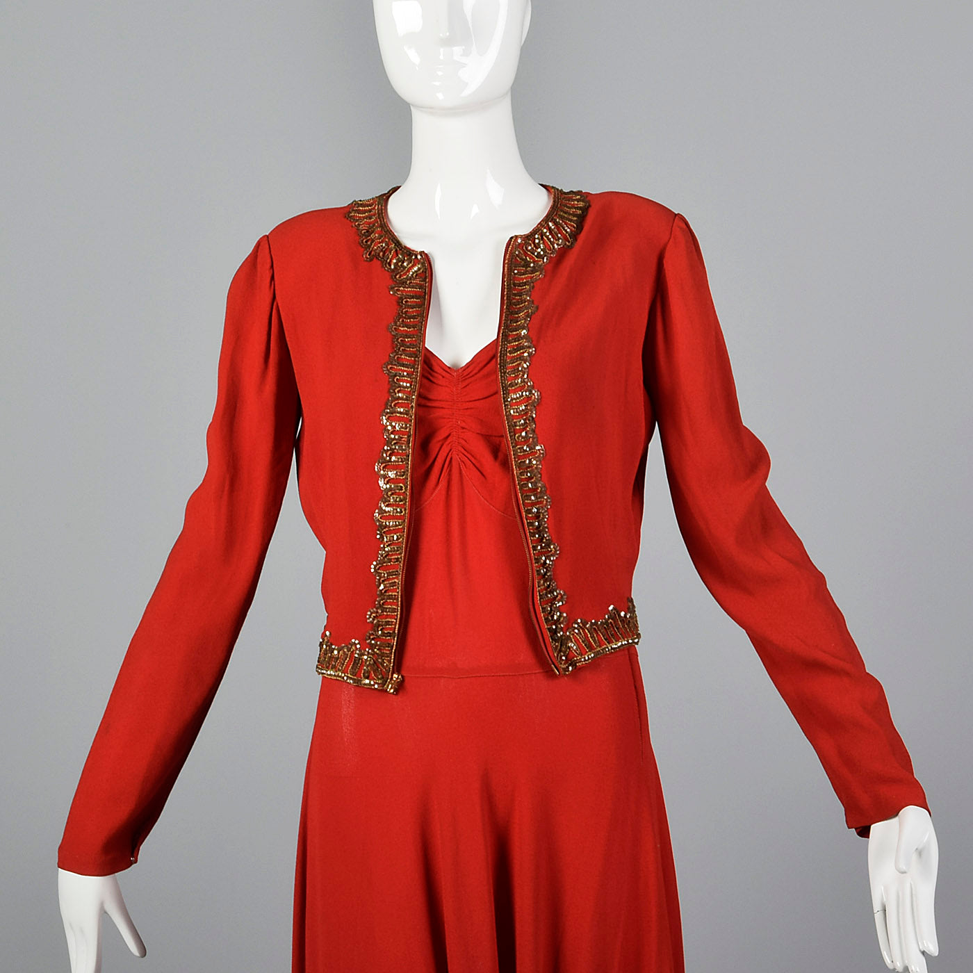 1940s Red Crepe Evening Dress & Matching Jacket with Sequin Trim Style & Salvage 1940s Red Crepe Evening Dress & Matching Jacket with Sequin Trim Style & Salvage