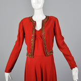 1940s Red Crepe Evening Dress & Matching Jacket with Sequin Trim