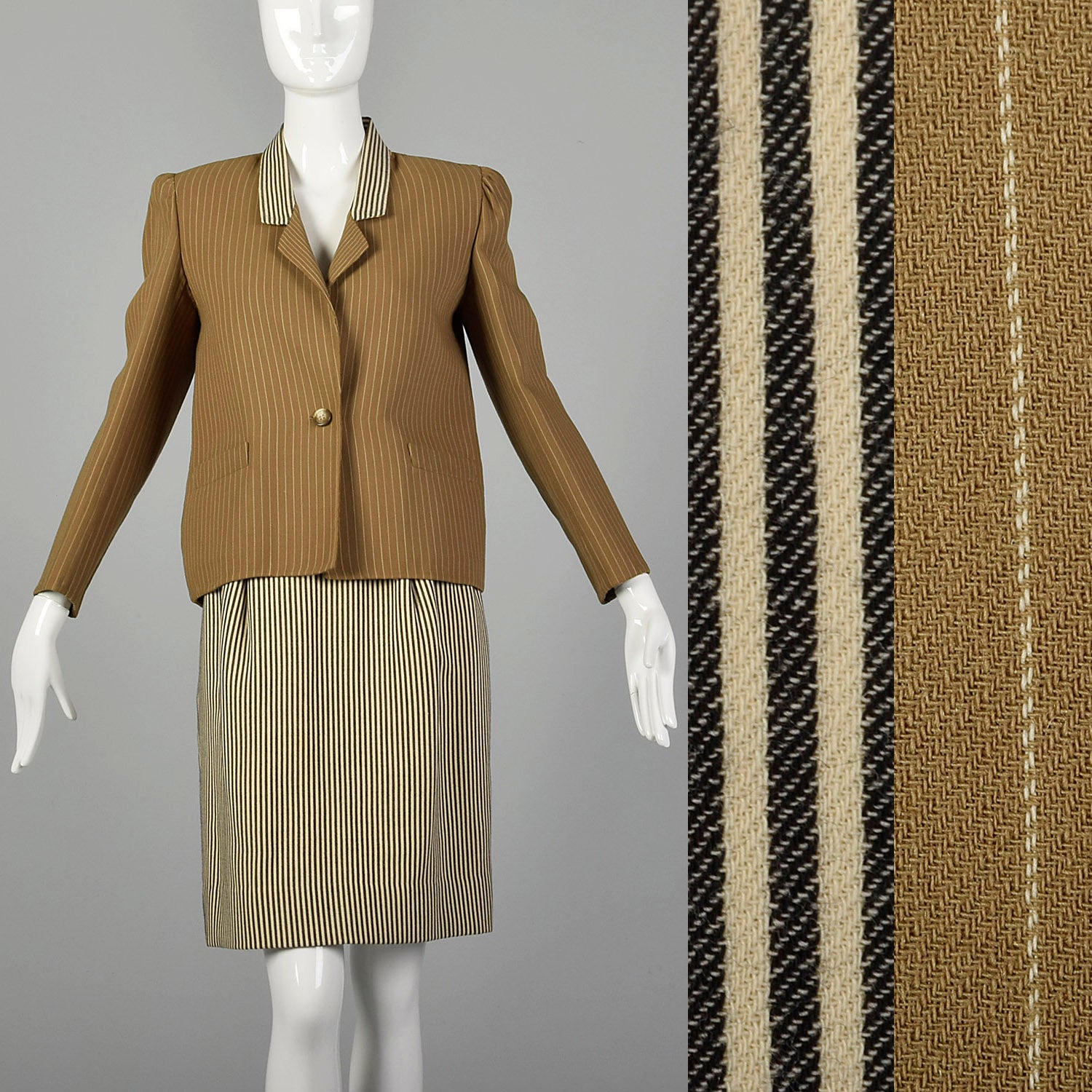 Medium 1980s Bill Blass Tan Striped Skirt Suit
