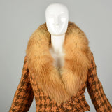 Large 1970s Coat Orange Brown Chunky Boucle Tweed Wool Real Fox Fur Winter