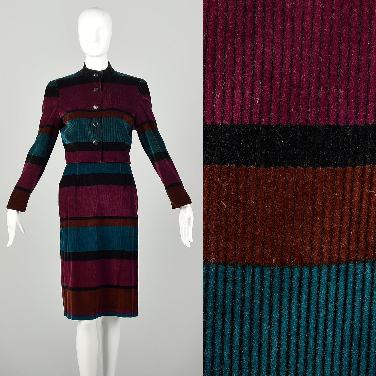 Small 1980s Horizontal Stripe Skirt Set Jewel Tone Suit Narrow Wale Corduroy Separates Outfit