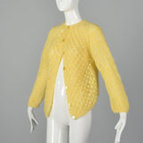 Large 1960s Yellow Sweater Hand Knit In Italy Puff Stitch Cardigan