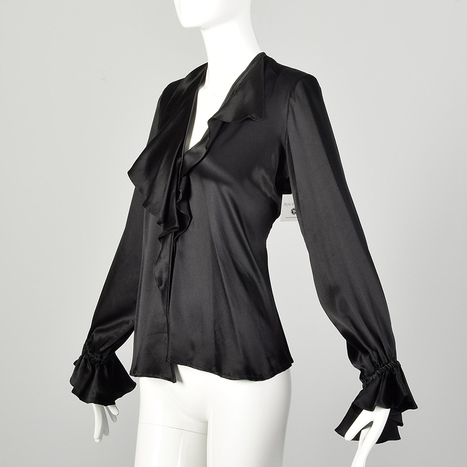 Medium 1990s Black Silk YSL Ruffle Blouse Classic Charmeuse Rive Gauche Top