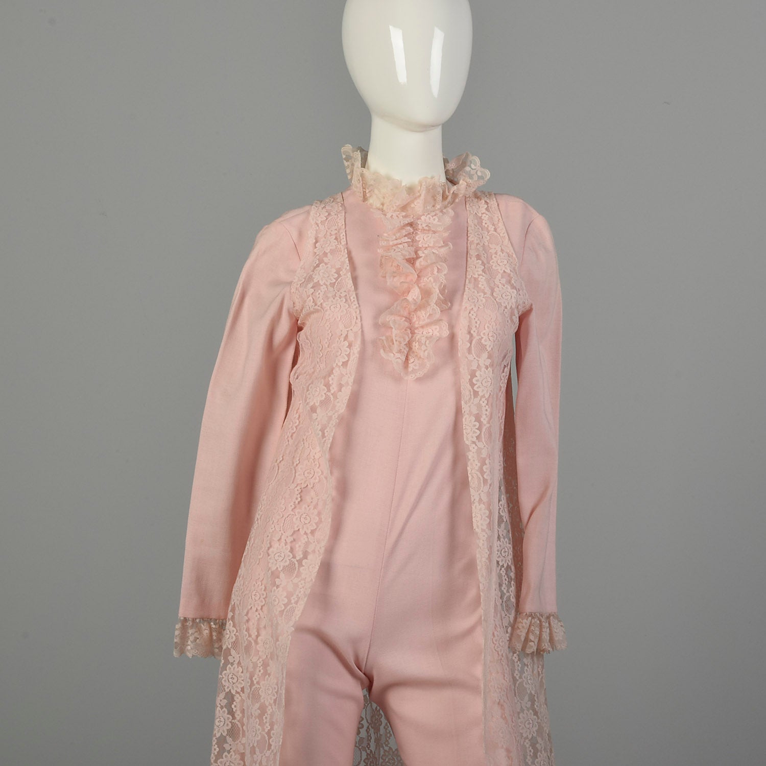 XXS 1970s Jumpsuit Two-Piece Pink Lace Vest Longsleeve