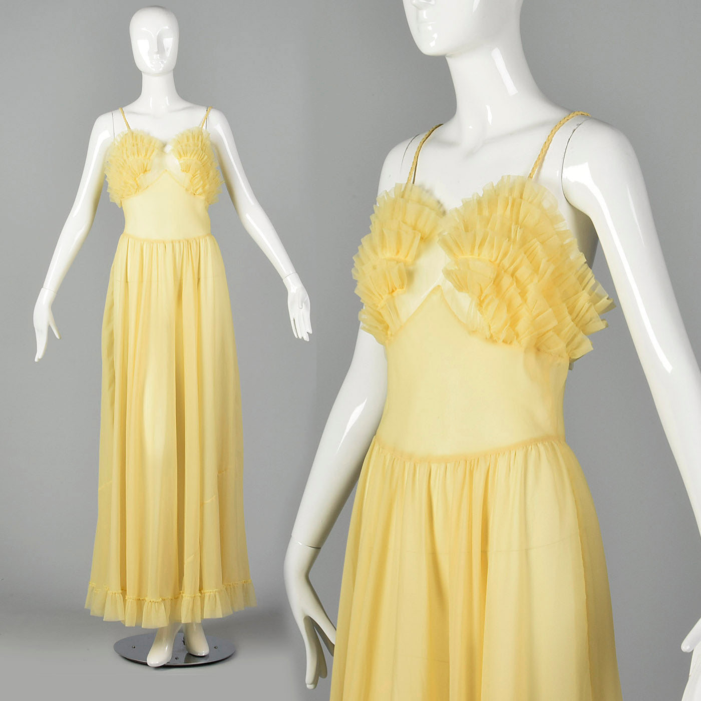 1950s Yellow Nightgown with Ruffled Bust