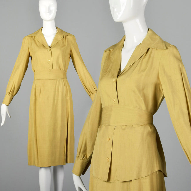1970s Three Piece Silk Shirt and Wrap Skirt with Belt