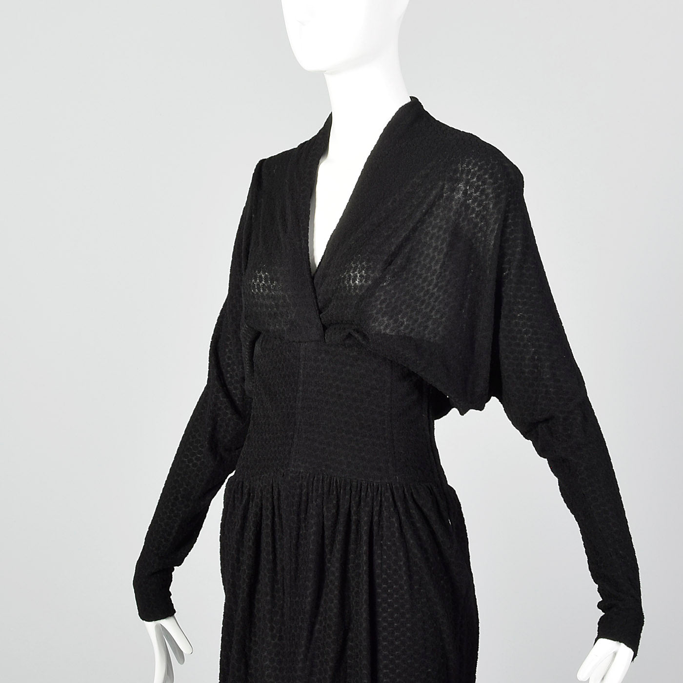 1950s Black Dolman Sleeve Dress with Unique Texture
