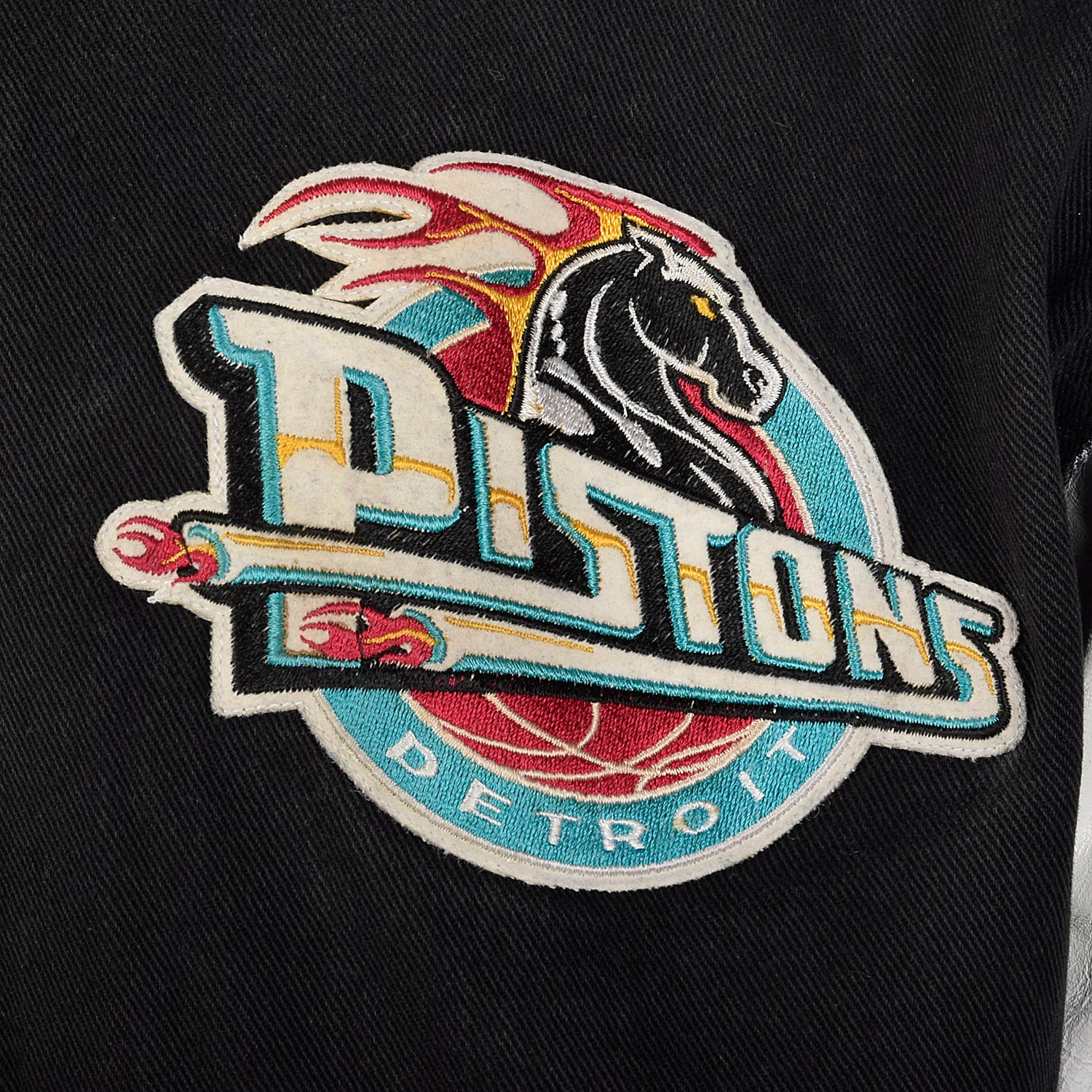 Large Jeff Hamilton 1990s Black Denim and Leather Detroit Pistons Jacket