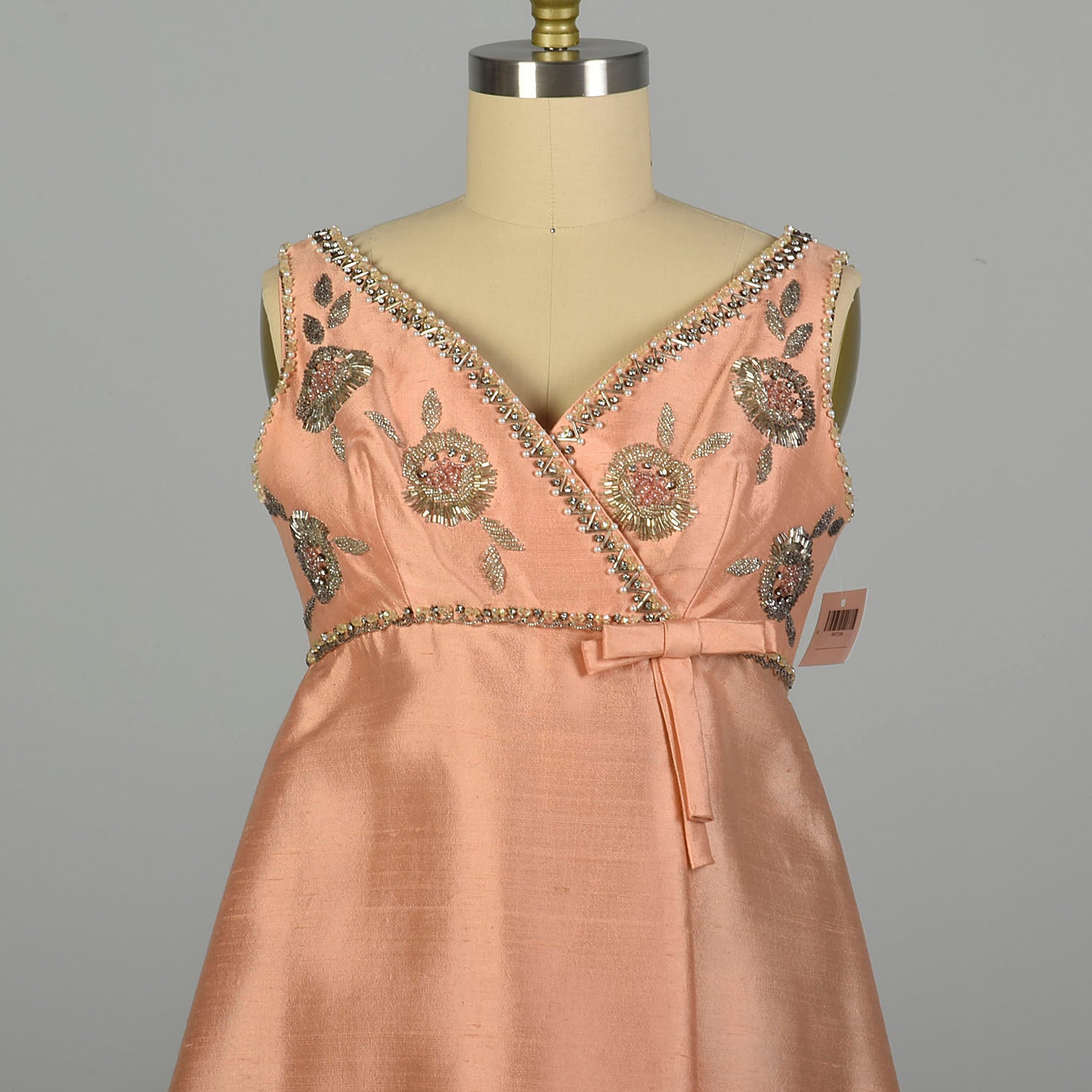 Large 1960s Peach Dress Deadstock Bead Embroidered Empire Waist Babydoll