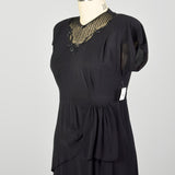 XL 1940s Little Black Dress Rayon Volup Beaded Illusion Neckline Evening Cocktail Gown LBD