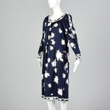 1980s Leonard Paris Navy Blue Floral Dress